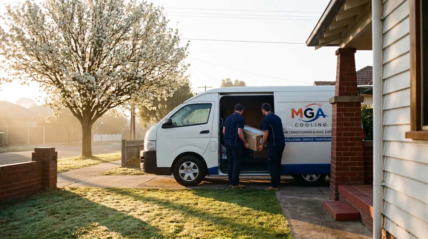 Two MGA technicians unloading a boxed unit from the MGA Cooling van in a driveway on a spring morning