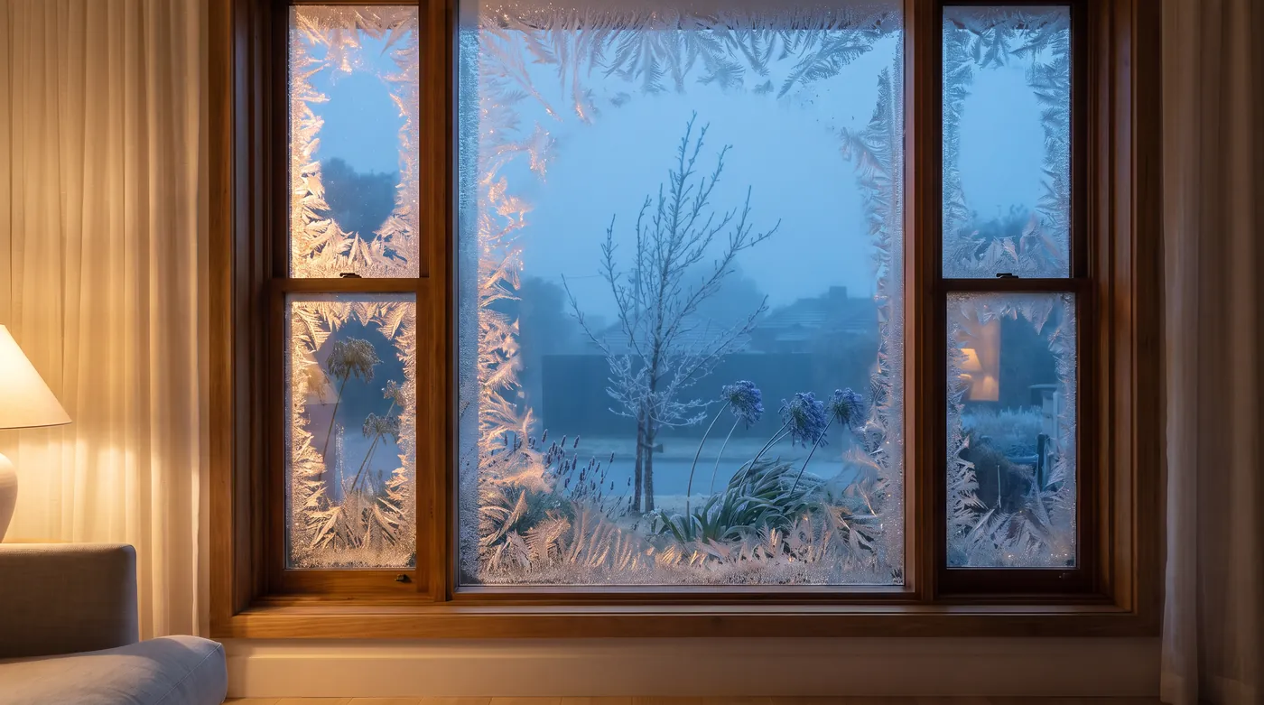 Frost grown across a living room window on a July morning, lamplight inside