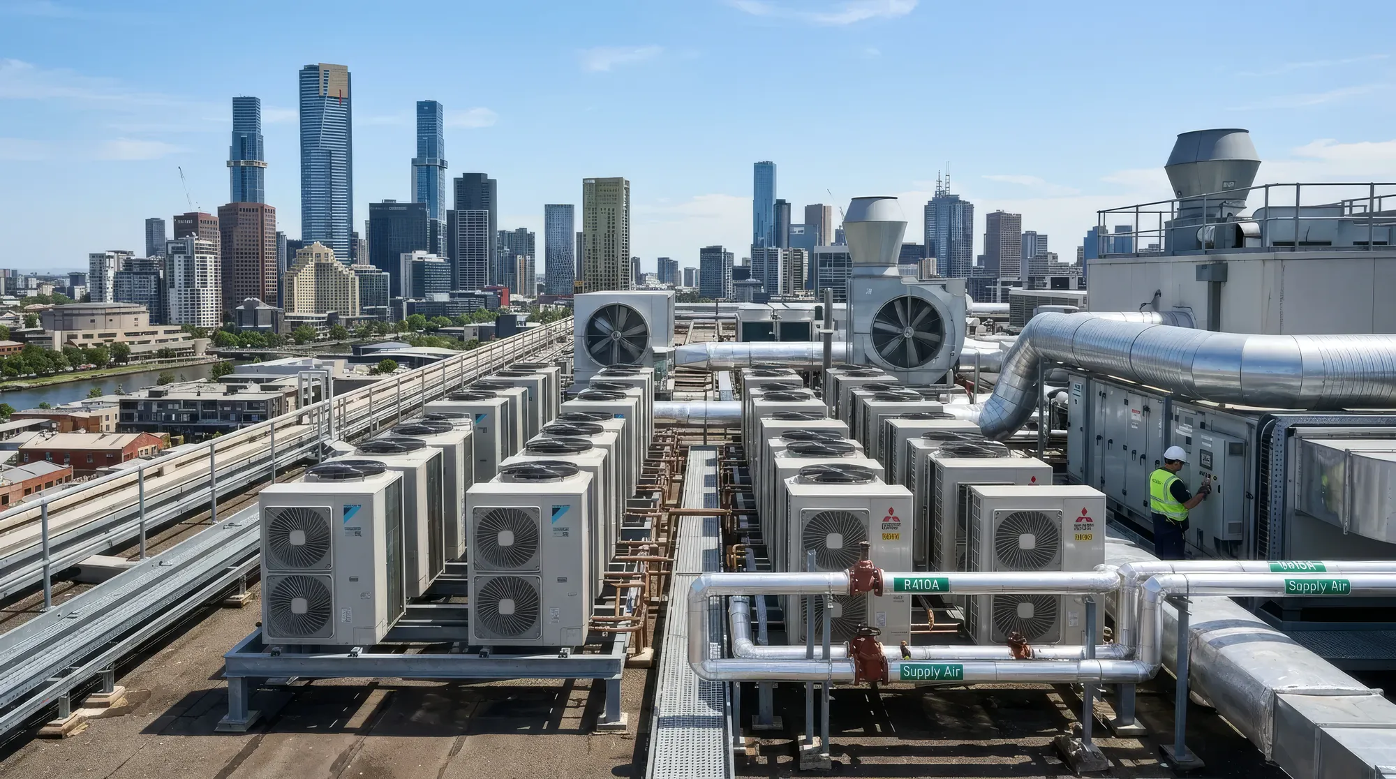 A rooftop bank of VRF condensers and pipework above the Melbourne skyline