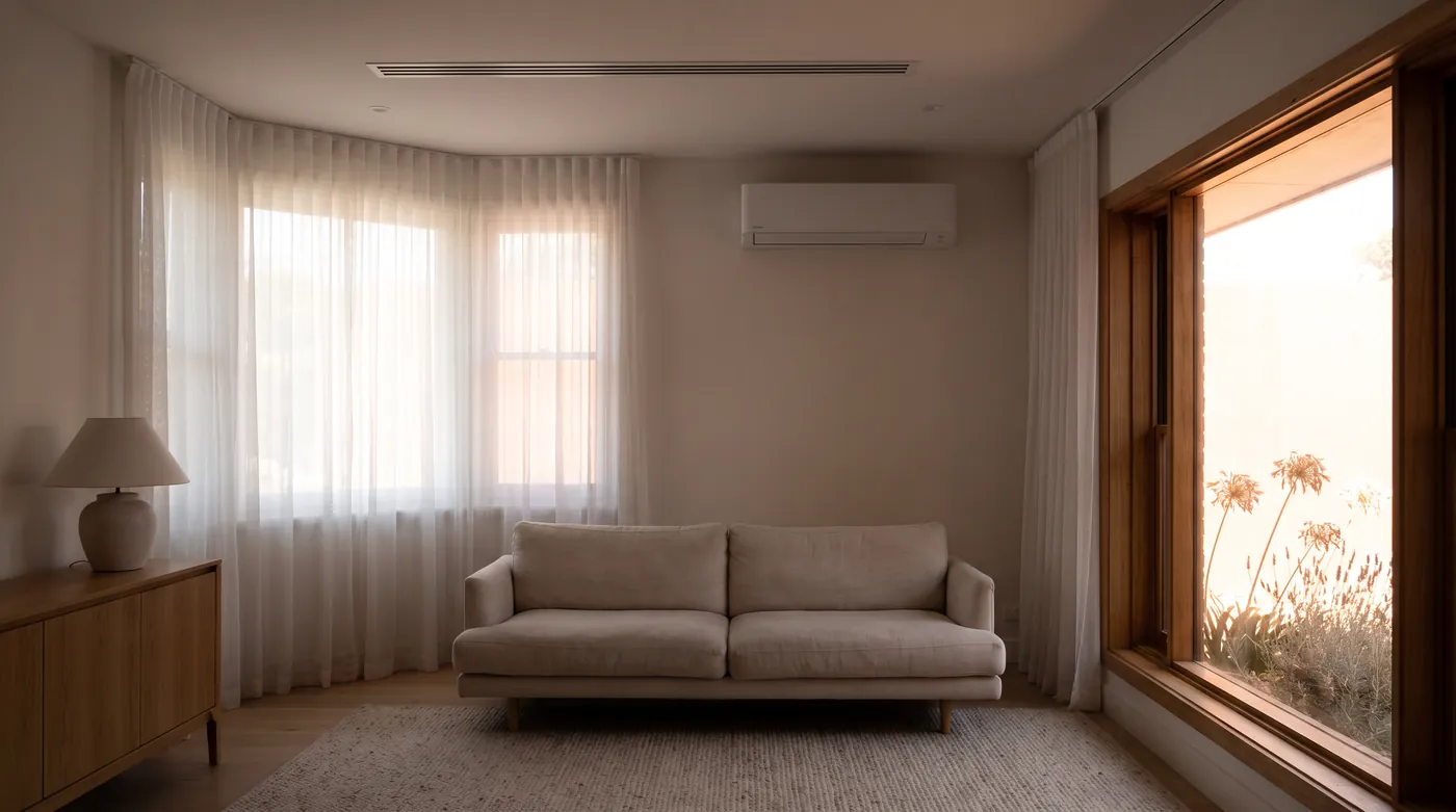 A cool, calm living room with a split system on the wall while the garden outside glares in the heat