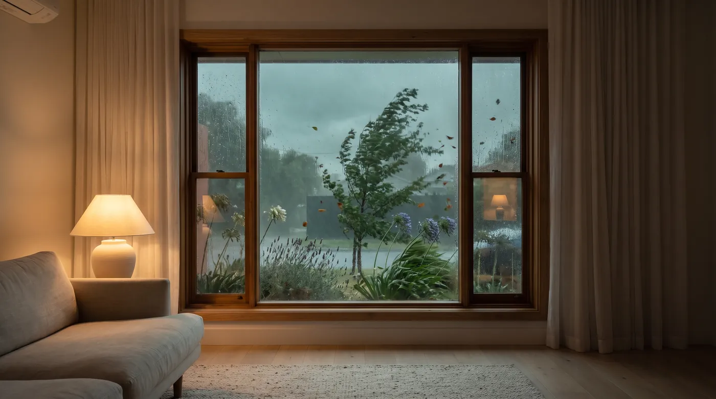 Rain on a living room window as a southerly change comes through, a lamp glowing inside