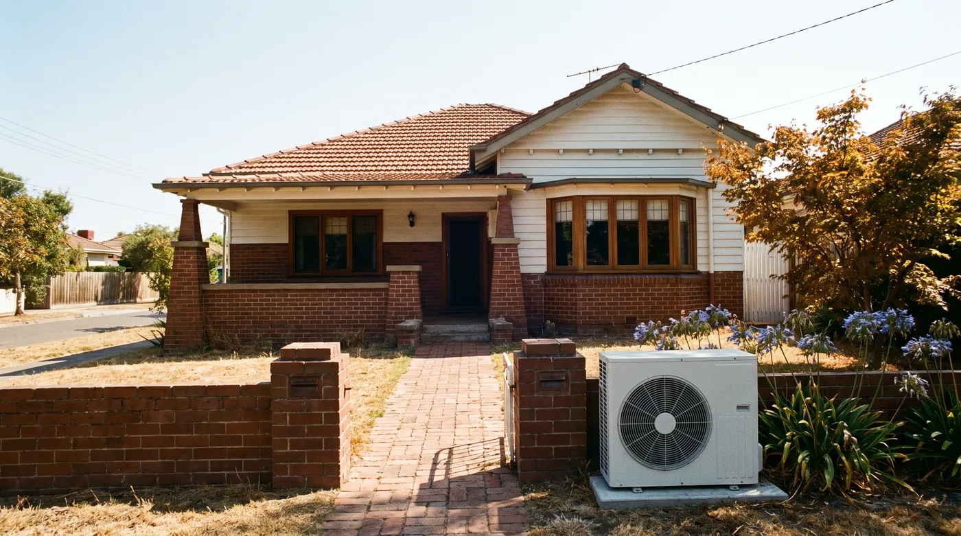 A Melbourne bungalow in February heat with an outdoor air conditioning unit in the front garden