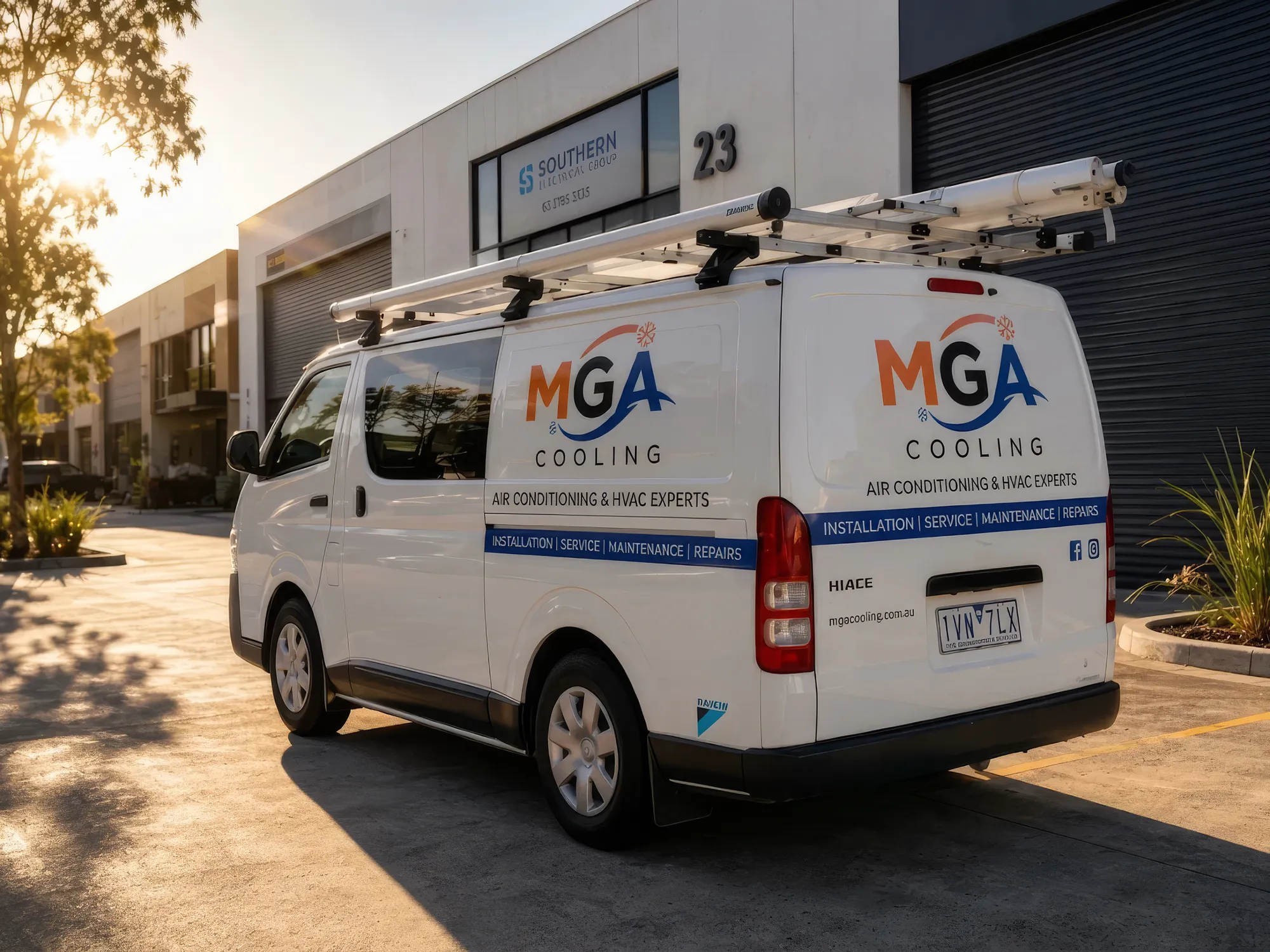 The MGA Cooling service van, with ladders on the roof racks, parked outside an industrial unit at golden hour